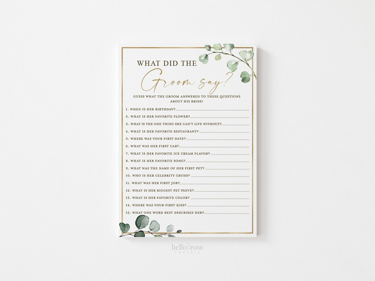 What Did the Groom Say . Bridal Shower Wedding Printable Game . Greenery and Gold . Hens Bachelorette Party . Instant Download G2