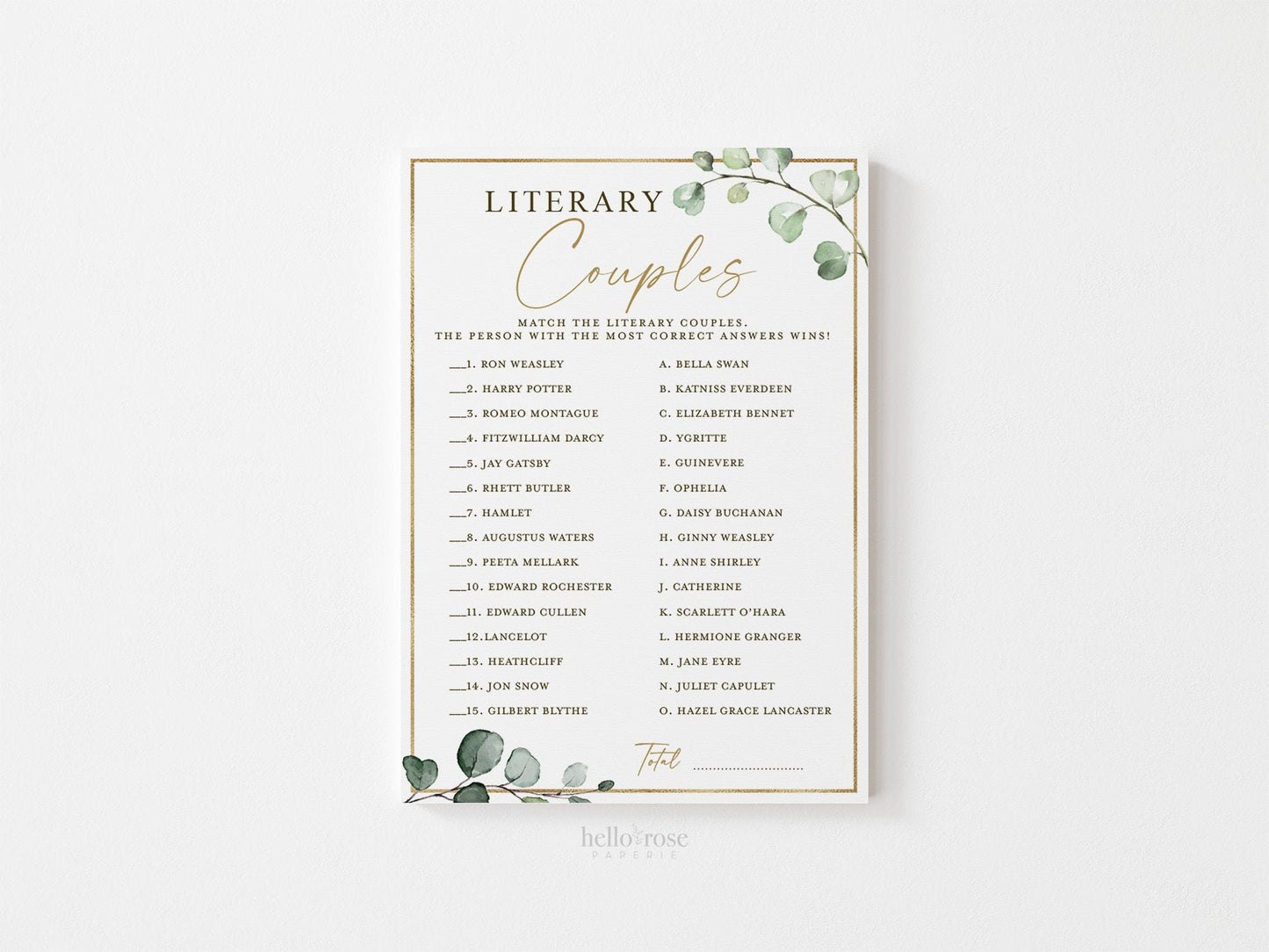 Literary Couples Printable Bridal Shower Wedding Game . Famous Couples Quiz . Greenery and Gold . Bachelorette Party . Instant Download G2