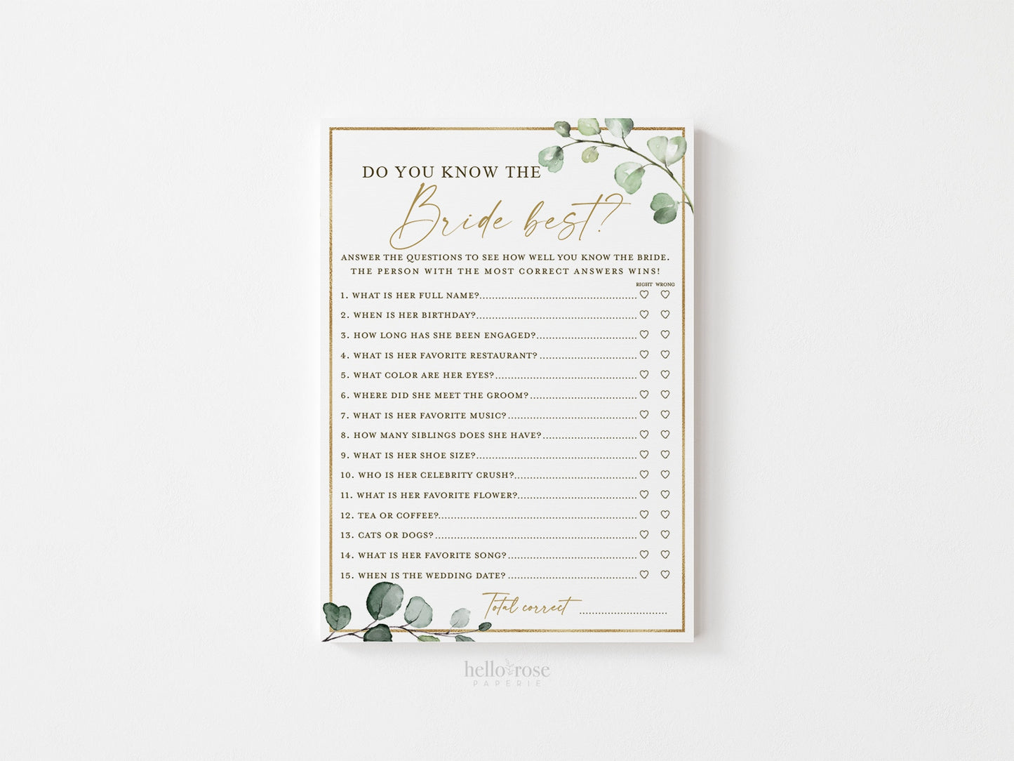 Do You Know the Bride Best Bridal Shower Printable Game . Greenery and Gold . Fun Boho Game . Hens Bachelorette Party . Instant Download G2