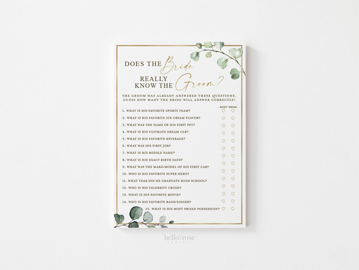 Does the Bride Really Know the Groom Bridal Shower Printable Game . Greenery and Gold . Hens Bachelorette Party . Instant Download G2