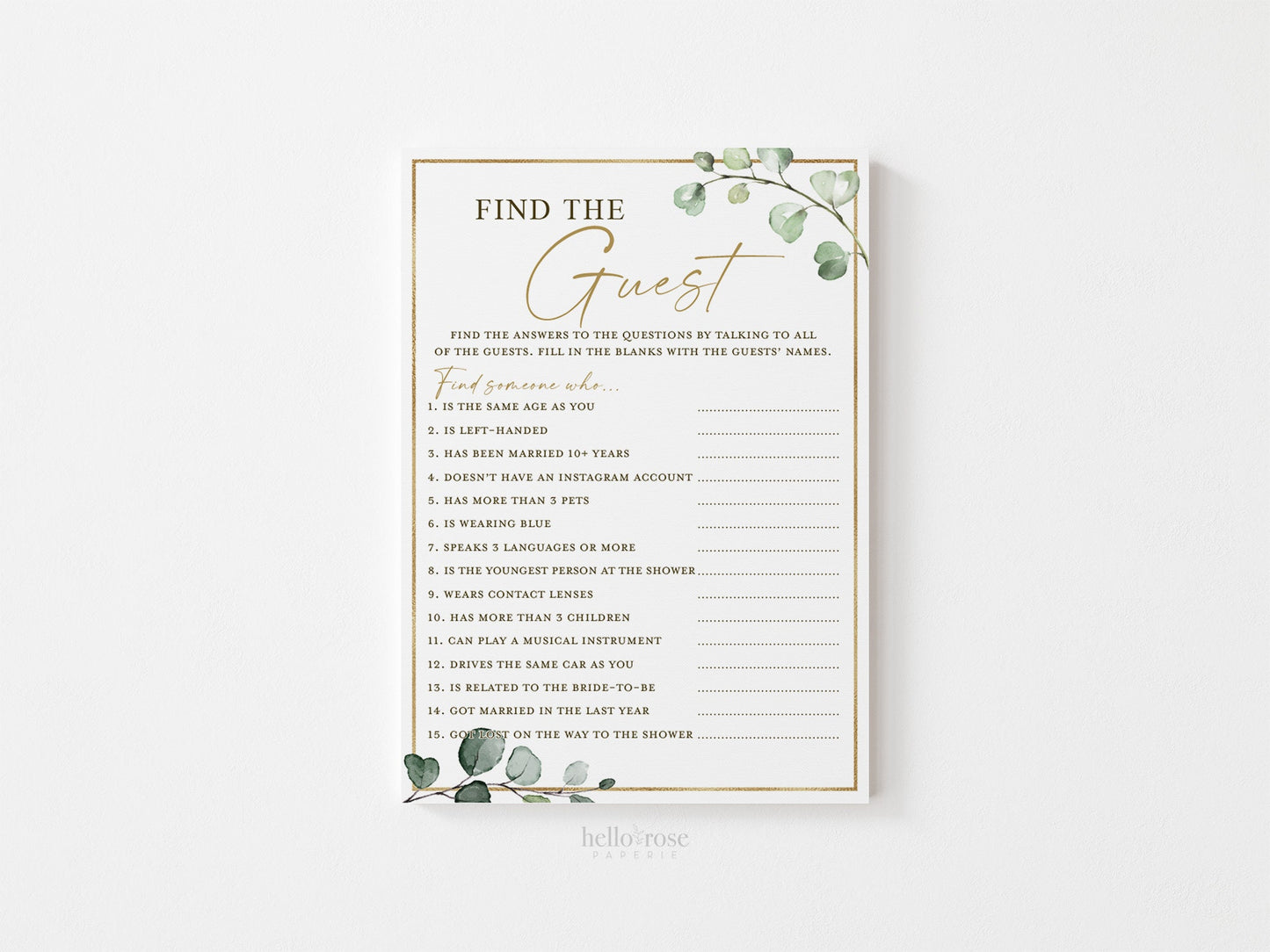Find the Guest Bridal Shower Printable Icebreaker Game . Greenery and Gold . Fun Rustic Game . Hens Bachelorette Party . Instant Download G2