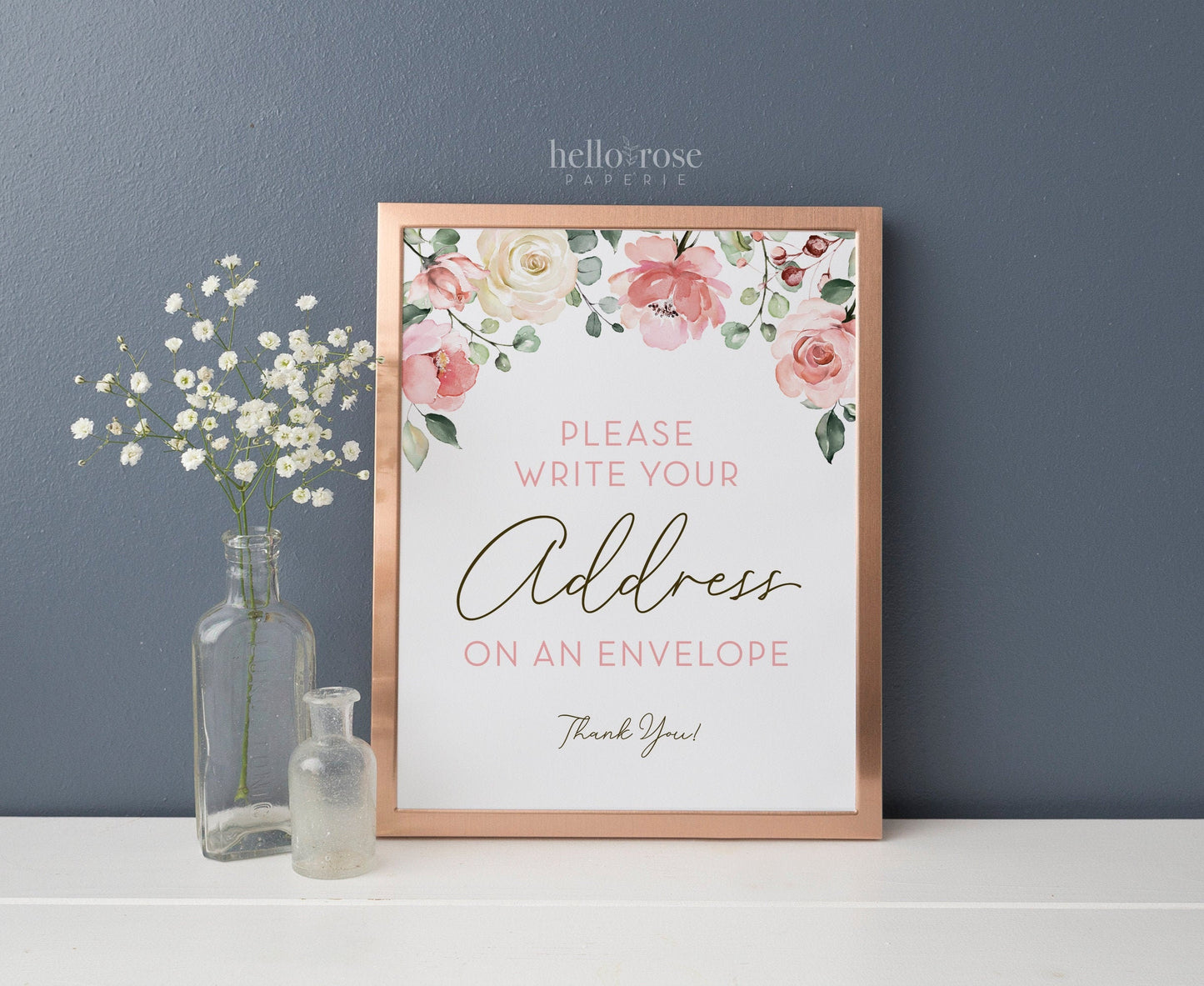 Please Write Your Address on an Envelope Printable Sign 8x10 . Pink Floral Watercolor . Baby Bridal Shower Wedding Party . Instant Download
