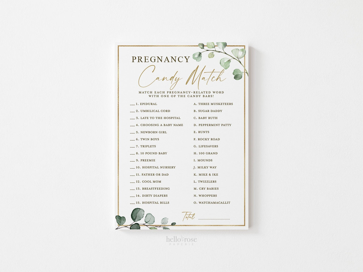 Pregnancy Candy Match Baby Shower Trivia Game . Greenery and Gold . Printable Icebreaker . Sip and See Gender Reveal . Instant Download G2