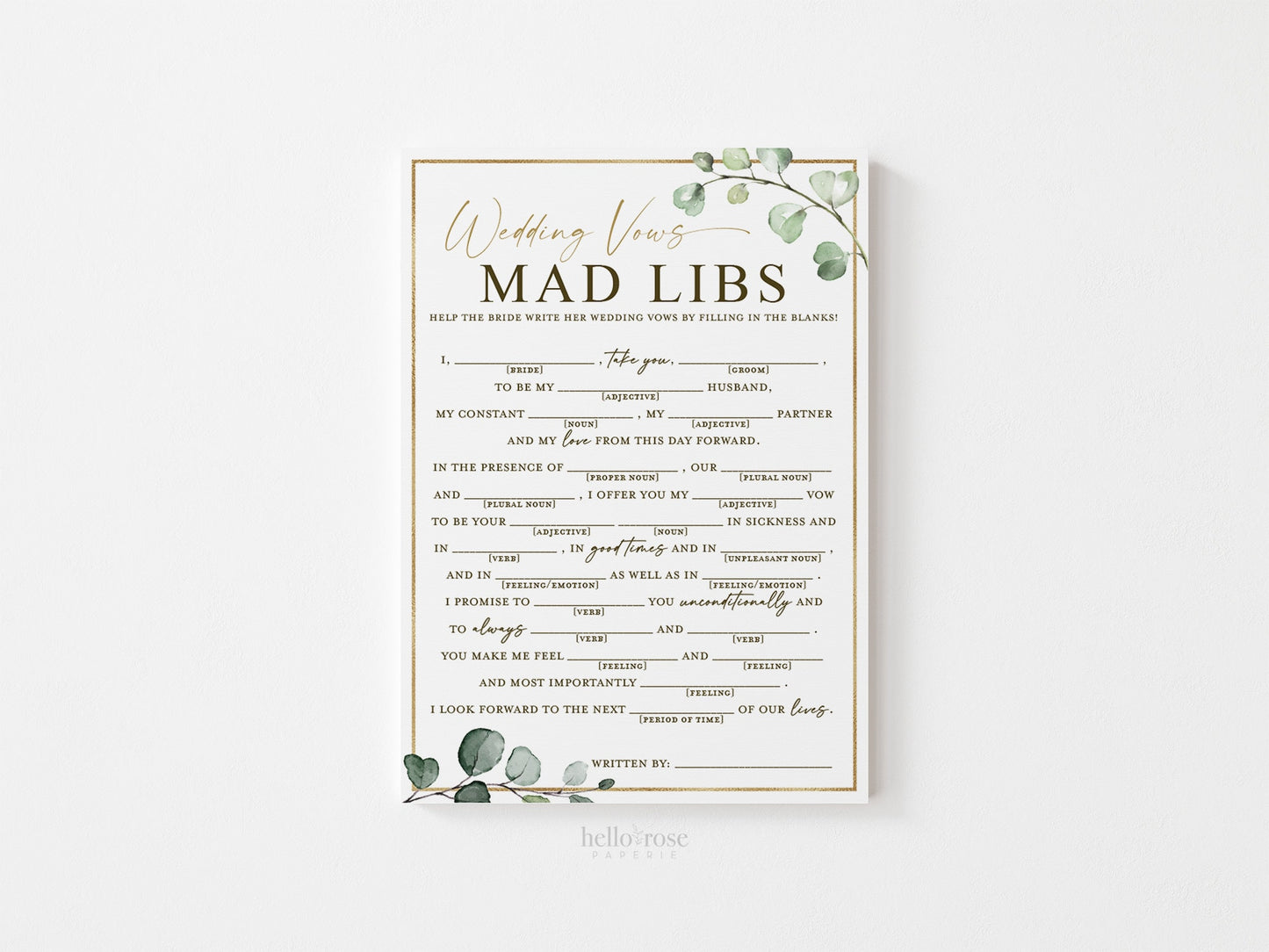 Wedding Vows Mad Libs Fun Bridal Shower Printable Game . Greenery and Gold . Rehearsal Dinner Hens Bachelorette Party . Instant Download G2