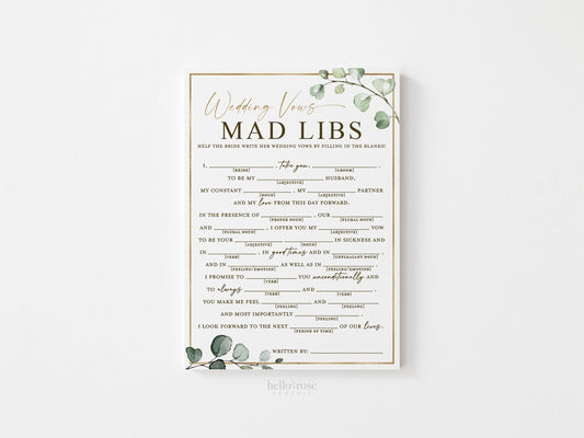 Wedding Vows Mad Libs Fun Bridal Shower Printable Game . Greenery and Gold . Rehearsal Dinner Hens Bachelorette Party . Instant Download G2