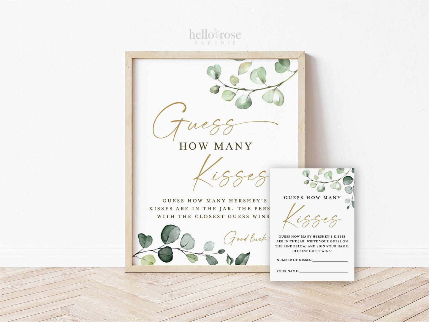 Guess How Many Kisses Cards and Sign Printable . Greenery + Gold . Bridal Shower Wedding Bachelorette Hens Party . Instant Download G2