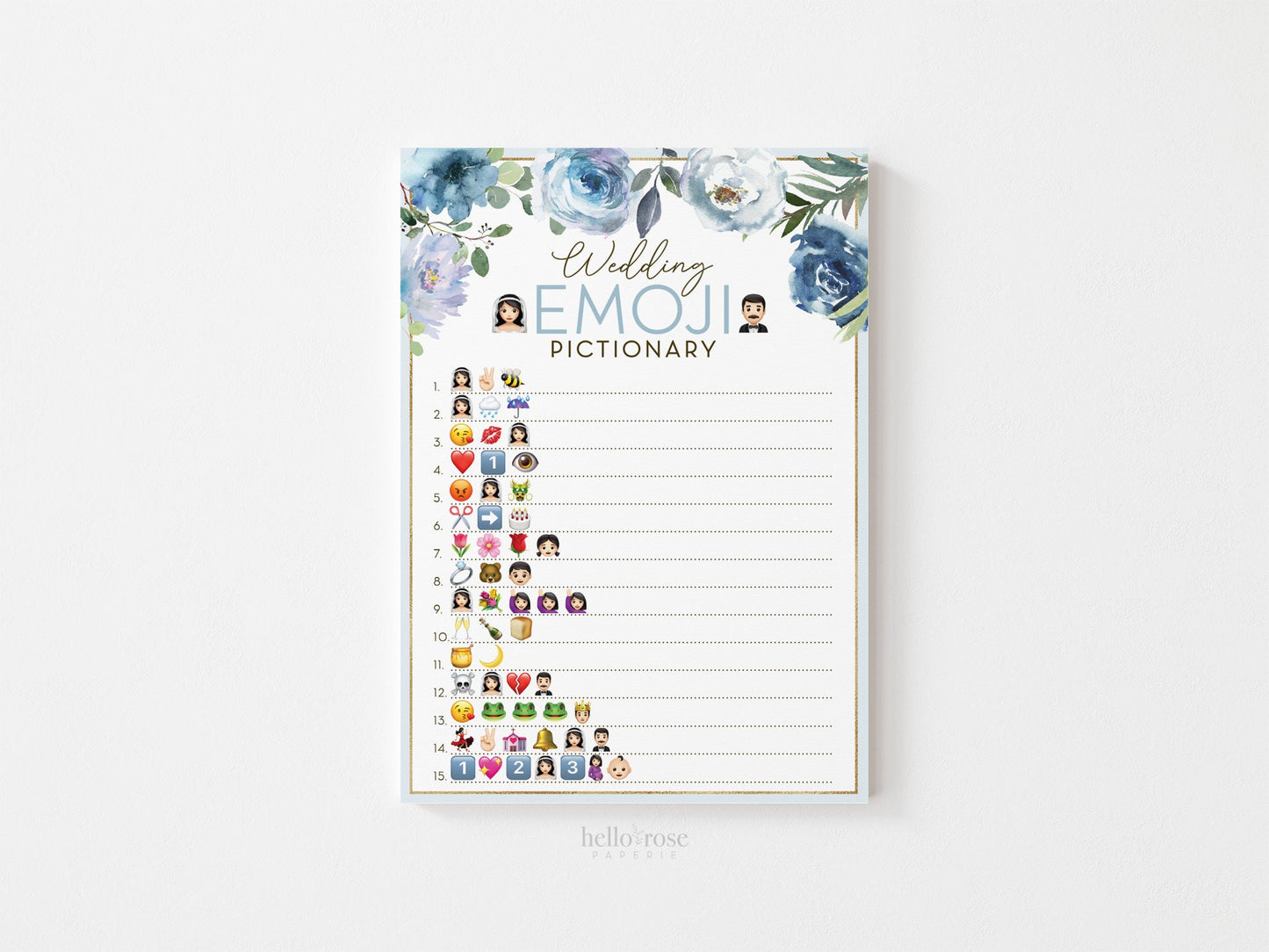 Wedding Emoji Pictionary Printable Game . Bridal Shower Bachelorette Hens Party . Blue Floral Roses Boho Rustic . Instant Download PDF