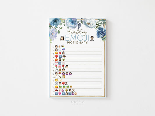 Wedding Emoji Pictionary Printable Game . Bridal Shower Bachelorette Hens Party . Blue Floral Roses Boho Rustic . Instant Download PDF
