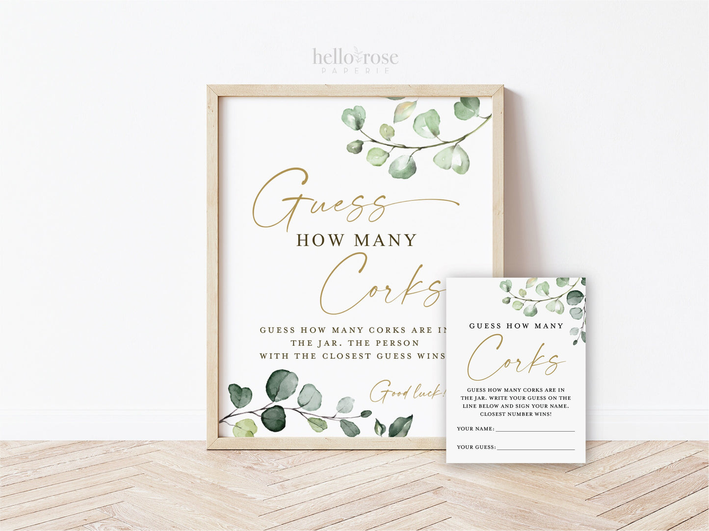 Guess How Many Corks Cards and Sign Printable . Greenery + Gold . Bridal Shower Wedding Bachelorette Hens Party . Instant Download G2