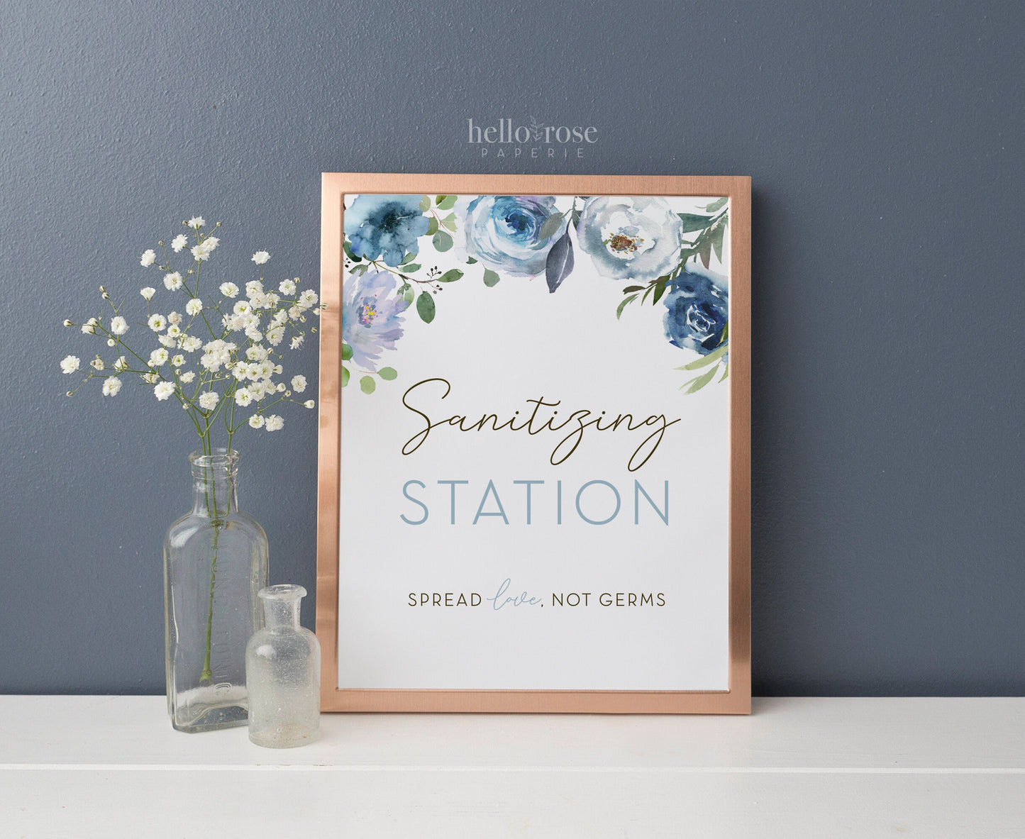 Sanitizing Station Spread Love Not Germs Printable Sign . Blue Floral Watercolor Baby Bridal Shower Wedding Bachelorette Hens Party . PDF