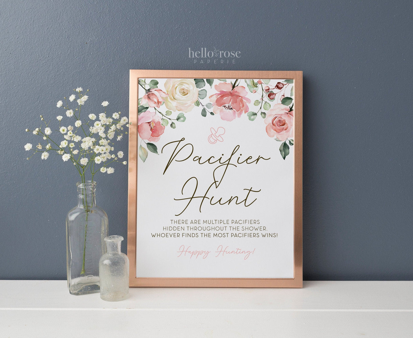 Pacifier Hunt Baby Shower Game Table Sign . Girl Baby Shower . Floral Watercolor Roses Greenery . Printable 8x10 Instant Digital Download