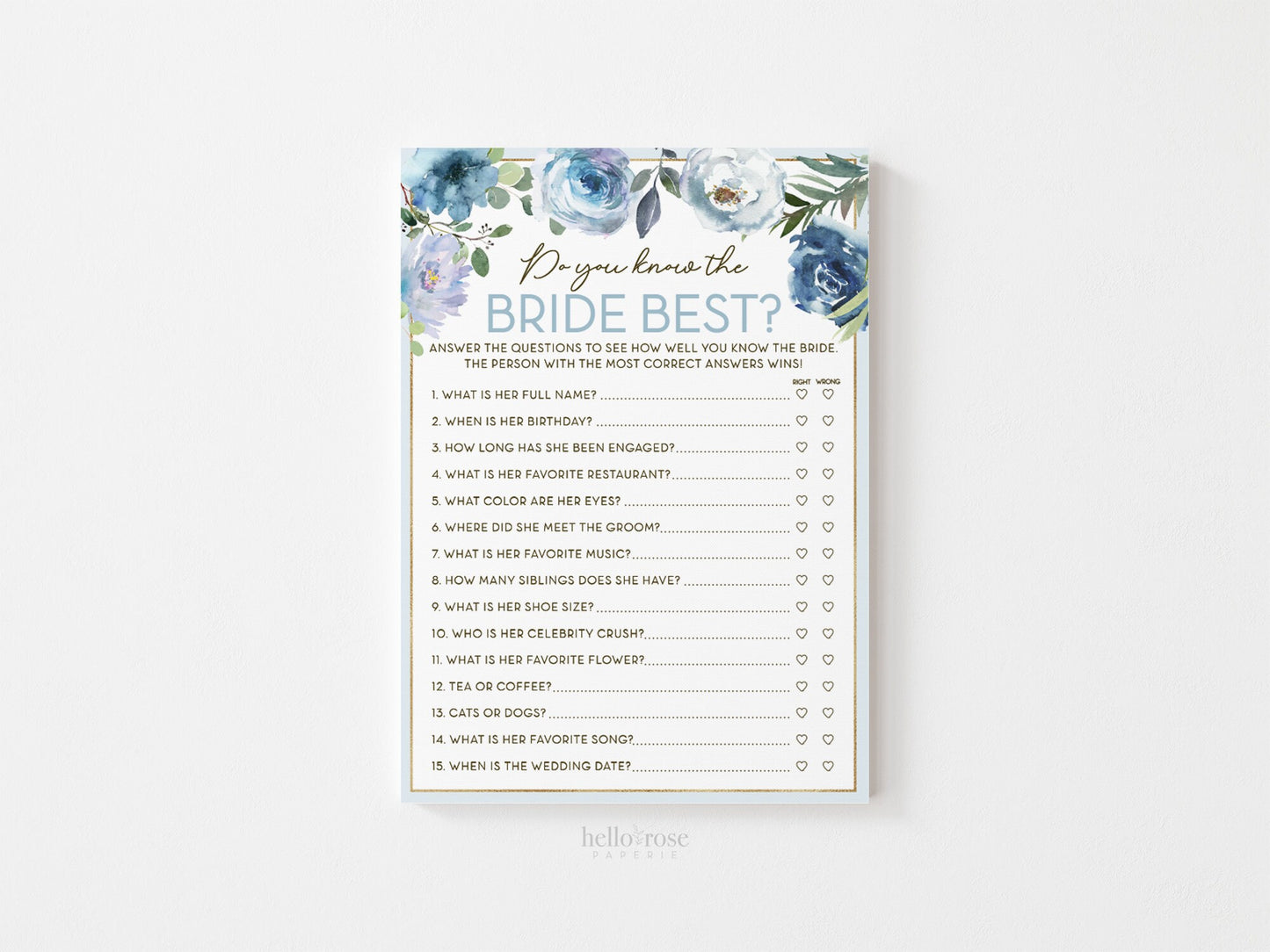 Do You Know the Bride Best Bridal Shower Printable Game . Blue Floral Roses Eucalyptus Rustic . Hens Bachelorette Party . Instant Download
