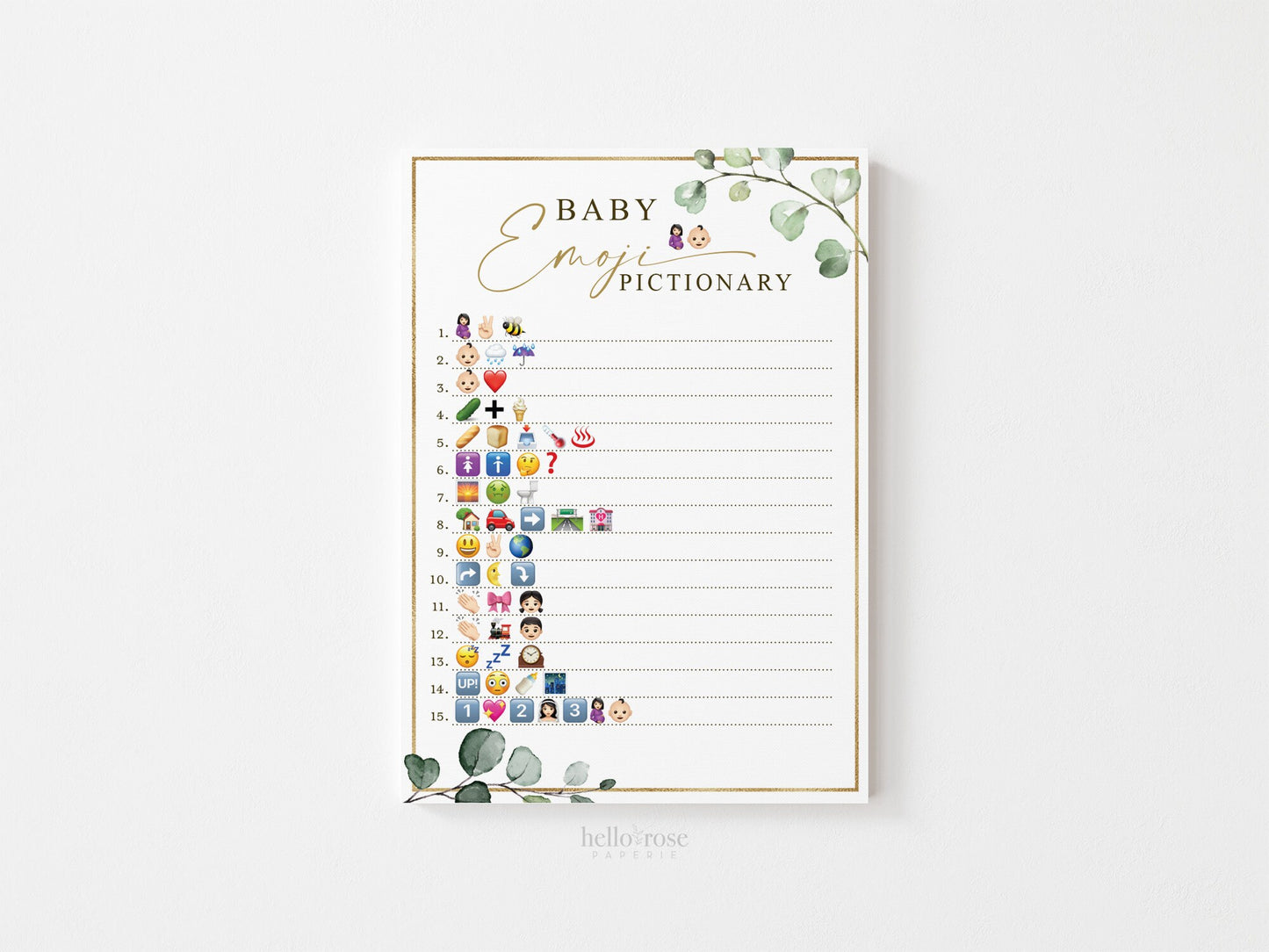 Baby Emoji Pictionary Baby Shower Game . Greenery and Gold . Printable Icebreaker Fun Game . Rustic Boho Eucalyptus . Instant Download G2
