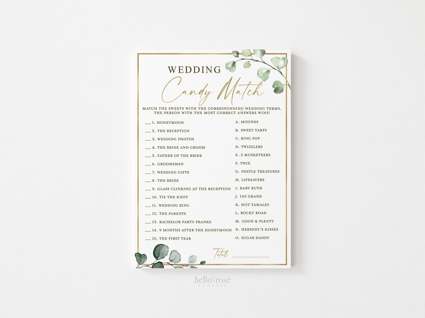 Wedding Candy Match Bridal Shower Trivia Game . Greenery and Gold . Hens Bachelorette Party . Rustic Boho . Printable Instant Download G2