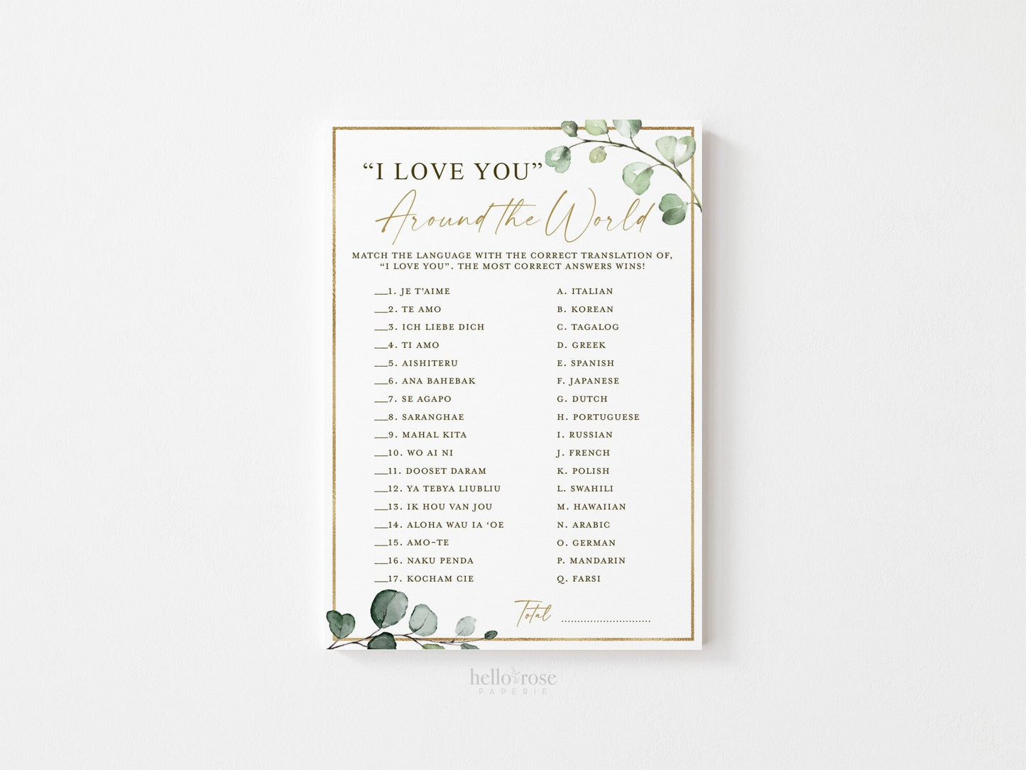 I Love You Around the World Bridal Shower Trivia Game . Greenery and Gold . Hens Bachelorette Party . Printable Instant Download G2