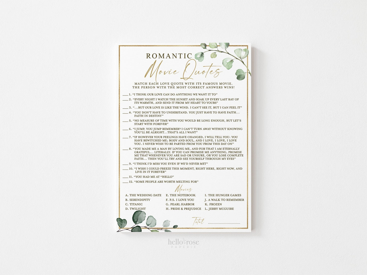 Romantic Movie Quotes . Printable Bridal Shower Wedding Game . Greenery and Gold . Bachelorette Party . Instant Download G2