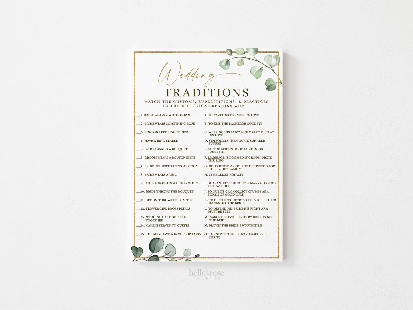 Wedding Traditions Bridal Shower Trivia Guessing Game . Greenery and Gold . Wedding Hens Bachelorette Party . Printable Instant Download G2