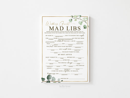 Wedding Guest Mad Libs Fun Bridal Shower Printable Game . Greenery and Gold . Rehearsal Dinner Hens Bachelorette Party . Instant Download G2