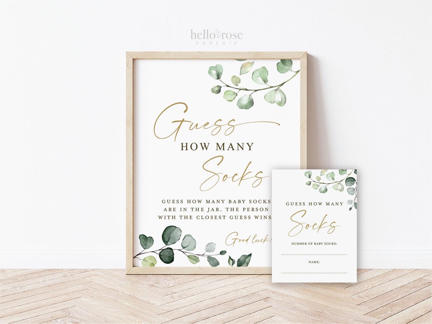 Guess How Many Baby Socks Game Sign and Cards . Boy Girl Neutral Baby Shower . Greenery and Gold Boho Rustic . 8x10 Sign Instant Download G2