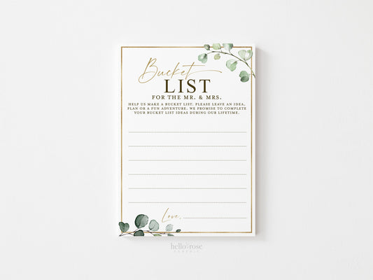 Bucket List for the Mr and Mrs Newlywed Couple Card + Sign . Wedding Bridal Shower Printable . Greenery + Gold . Instant Download G2