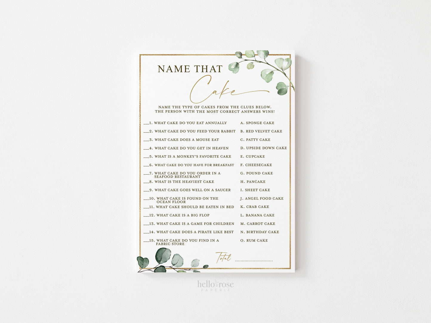 Name That Cake Printable Bridal Shower Wedding Game . Cake Trivia Quiz . Greenery and Gold . Bachelorette Hens Party . Instant Download G2