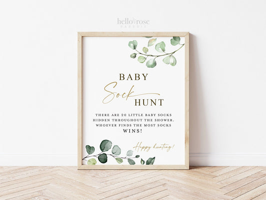 Baby Sock Hunt Game Sign . Find the Socks . Boy Girl Neutral Baby Shower . Greenery and Gold Boho Rustic . 8x10 Sign Instant Download G2