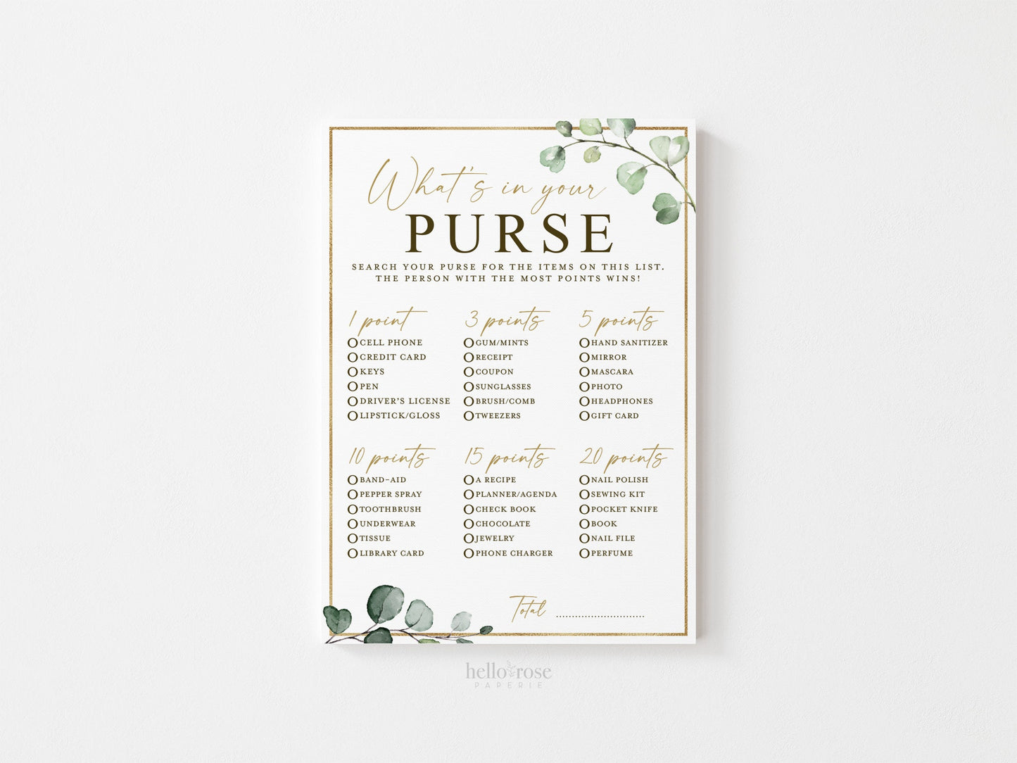What's In Your Purse Game for Baby Shower or Bridal Shower . Printable . Greenery and Gold . Fun Boho Rustic Game . Instant Download G2