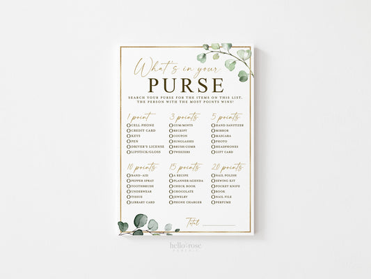 What's In Your Purse Game for Baby Shower or Bridal Shower . Printable . Greenery and Gold . Fun Boho Rustic Game . Instant Download G2