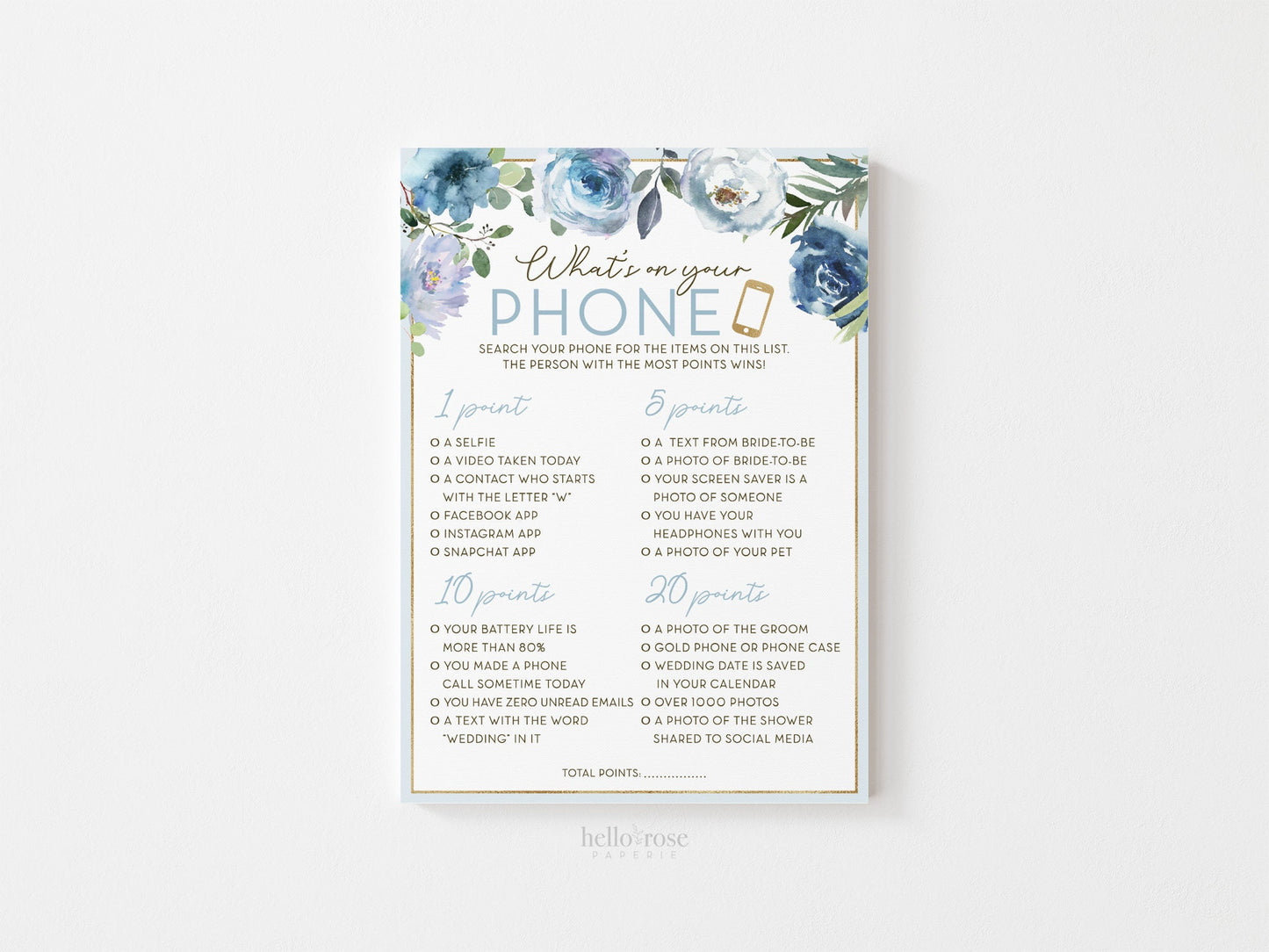 Whats on Your Phone Bridal Shower Game Printable . Blue Floral Roses Eucalyptus Rustic . Hens Bachelorette Party . Instant Download