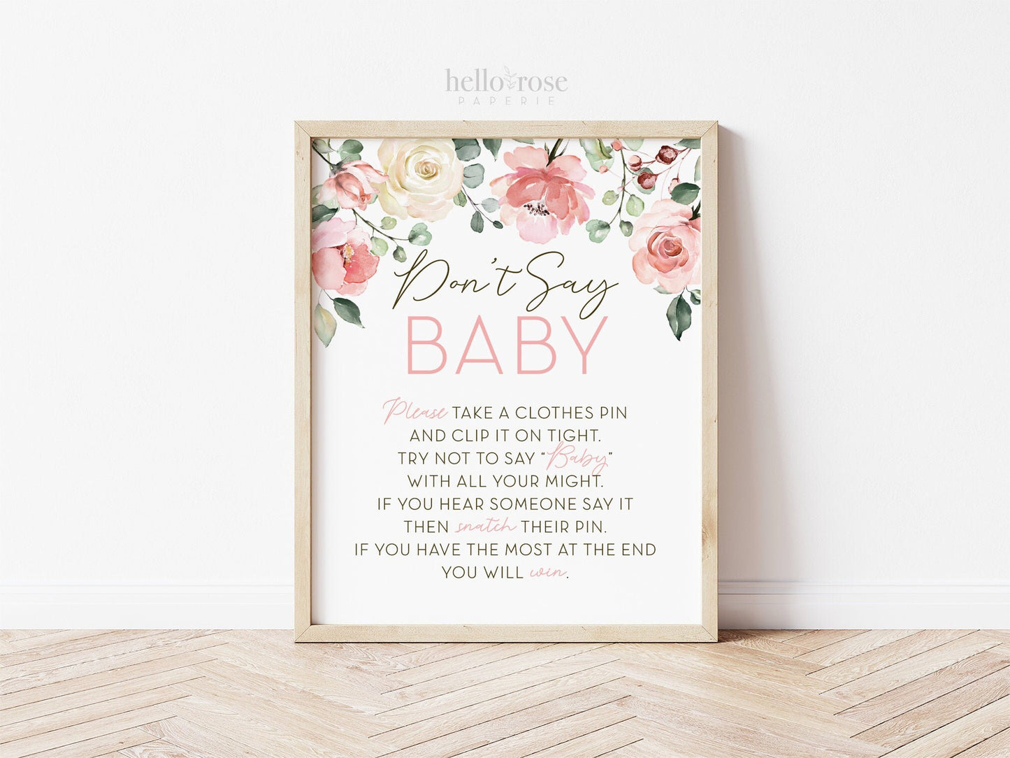 Don't Say Baby Clothespin Baby Shower Game Table Sign . Pink Floral Watercolor . Girl Baby Shower Printable Game . Instant Download 8x10