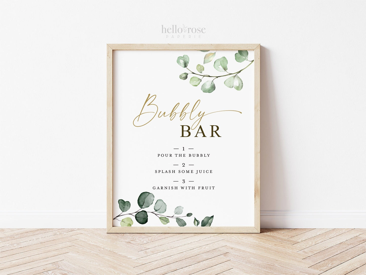 Bubbly Bar Printable Sign 8x10 . Champagne Mimosa Bar . Greenery and Gold . Wedding Engagement Bridal Shower Bachelorette Hens Party . G2