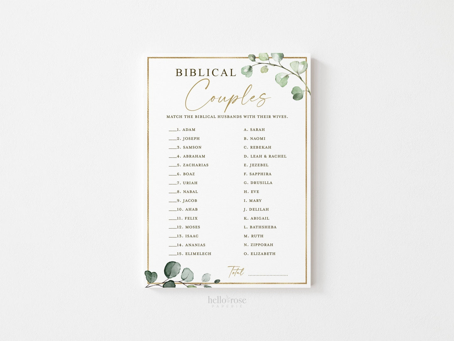 Biblical Bible Couples Printable Bridal Shower Wedding Game . Famous Couples Quiz . Greenery and Gold . Instant Download G2