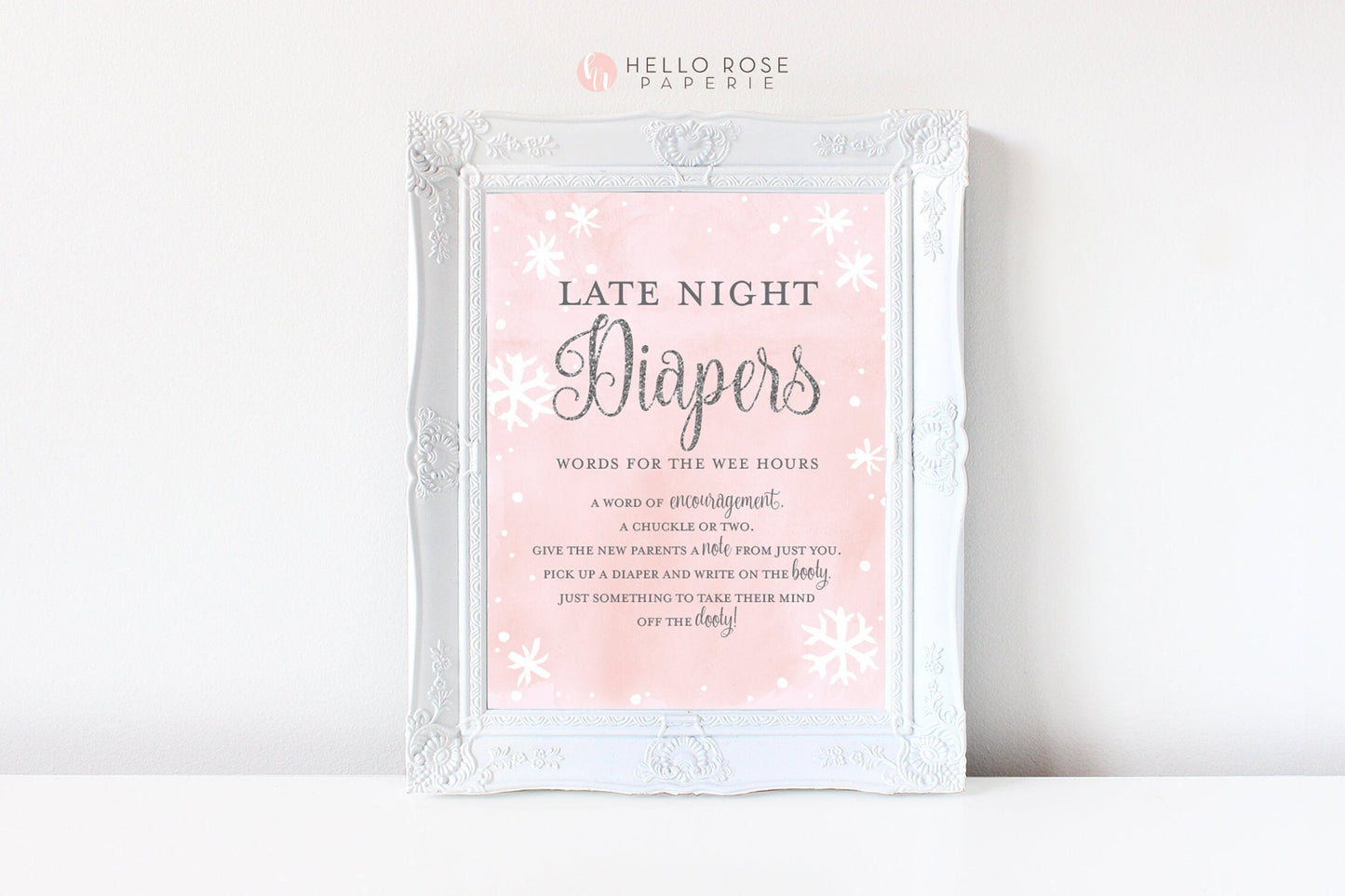 Late Night Diapers Game Sign . Baby its Cold Outside Winter Wonderland Baby Shower Girl . Pink Silver Snowflakes . Printable Download
