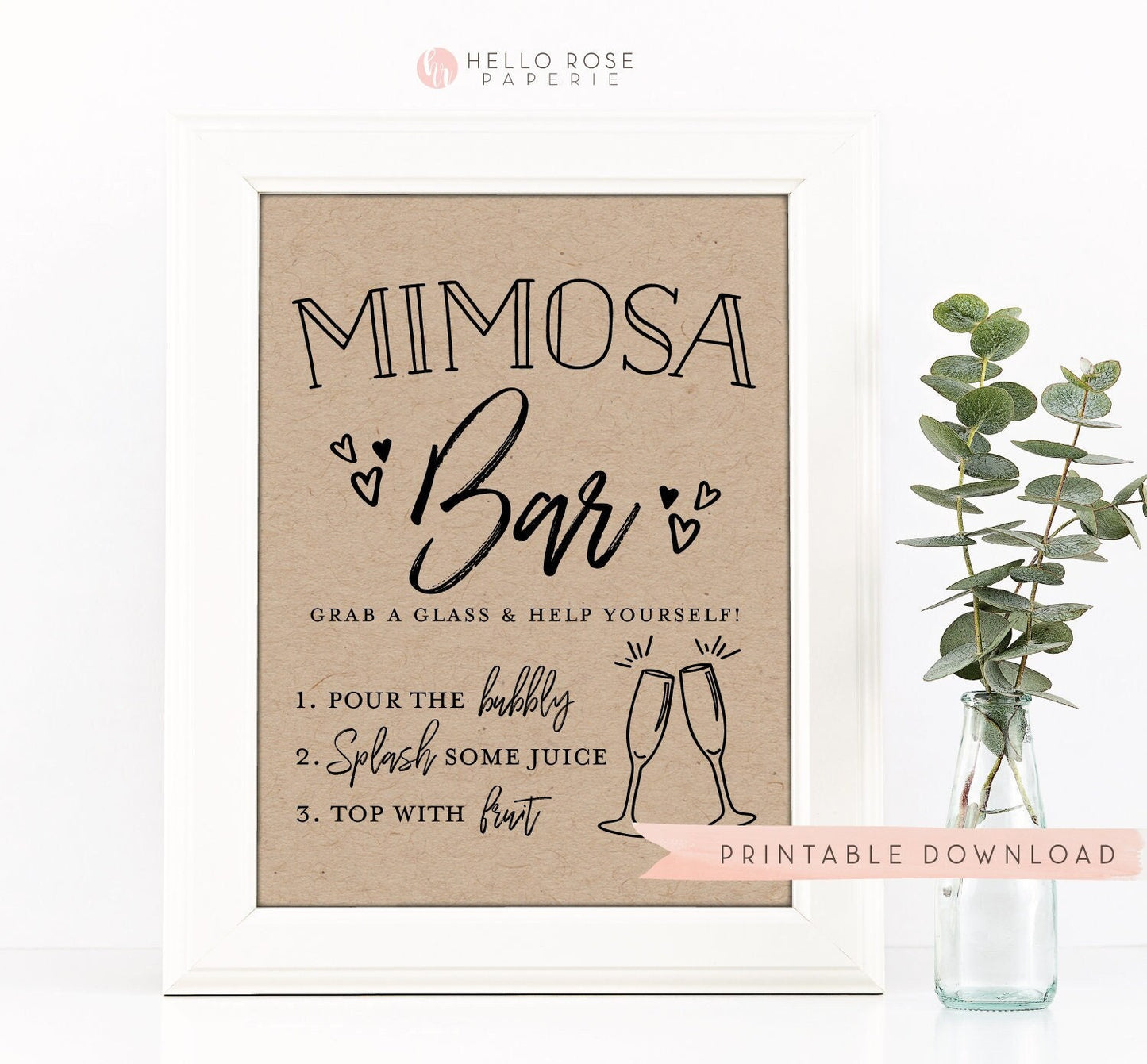Mimosa Bar Sign . Printable Rustic Modern . Wedding Bridal Shower . Bachelorette Hens Party . Kraft + Black/White . Instant Download 8x10