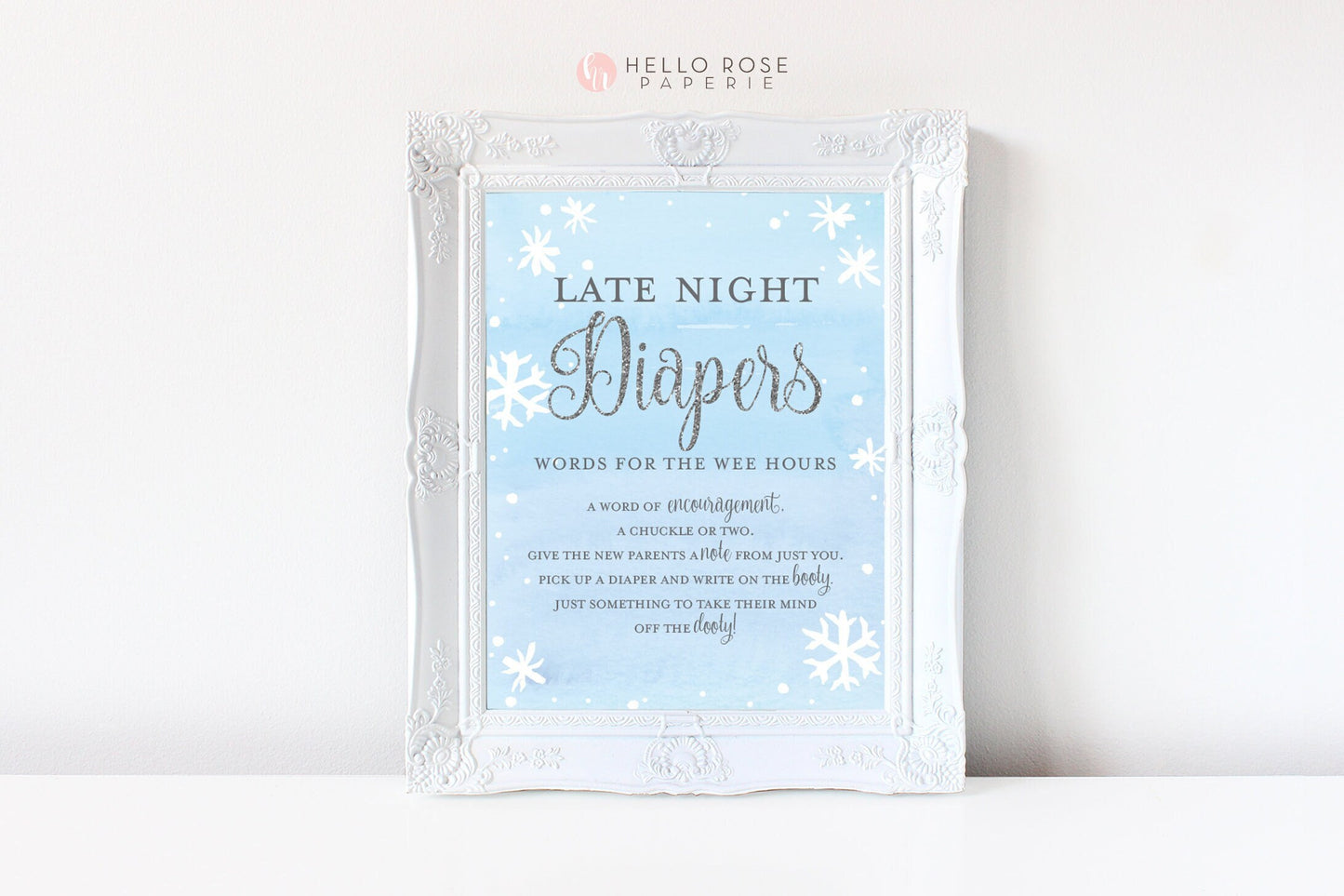 Late Night Diapers Game . Printable Sign . Baby its Cold Outside Winter Snowflakes Baby Shower Boy . Blue and Silver . Instant Download