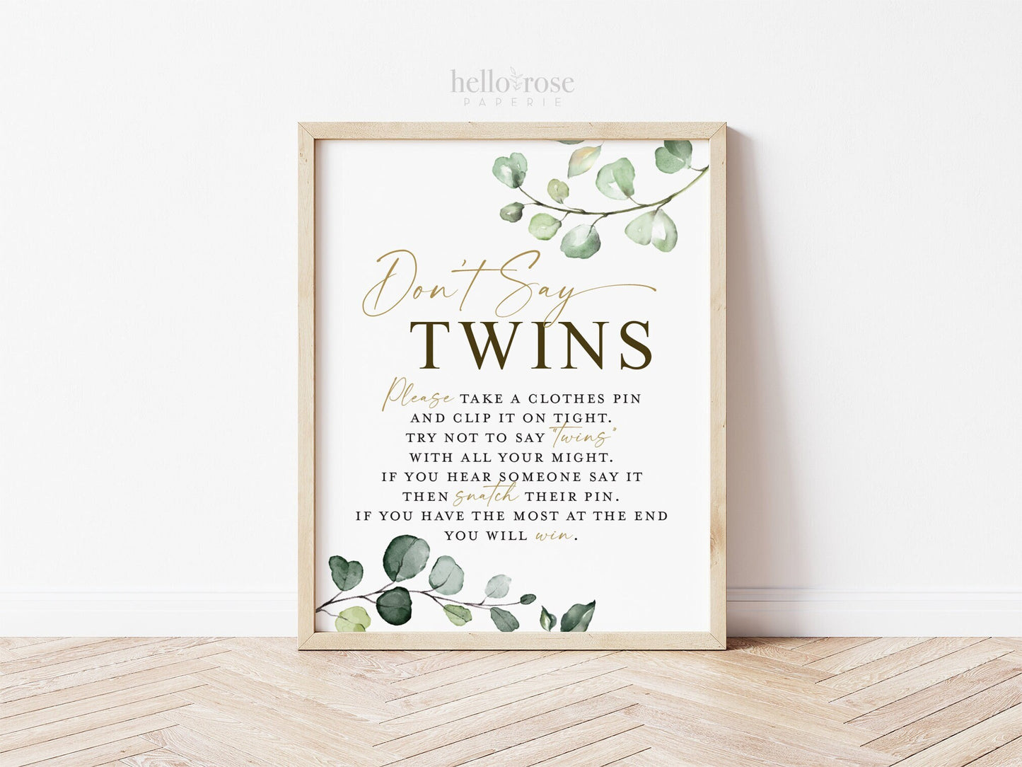 Don't Say TWINS Clothespin Baby Shower Game Table Sign . Greenery and Gold . Twins Baby Shower Printable Game . Instant Download 8x10 G2