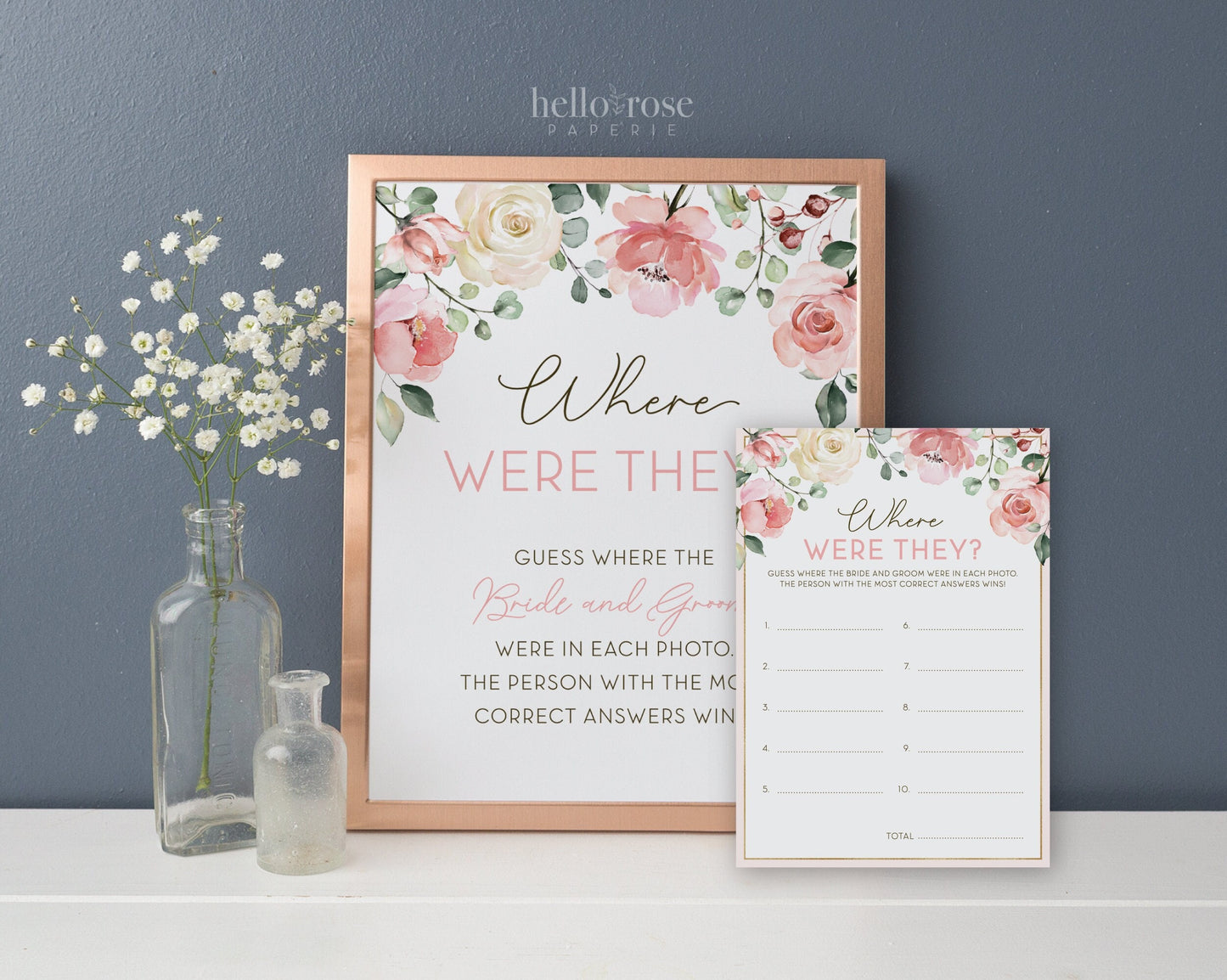 Where Were They Game Cards + Sign Printable . Where in the World . Pink Floral Watercolor . Bridal Shower Game . Instant Download G2