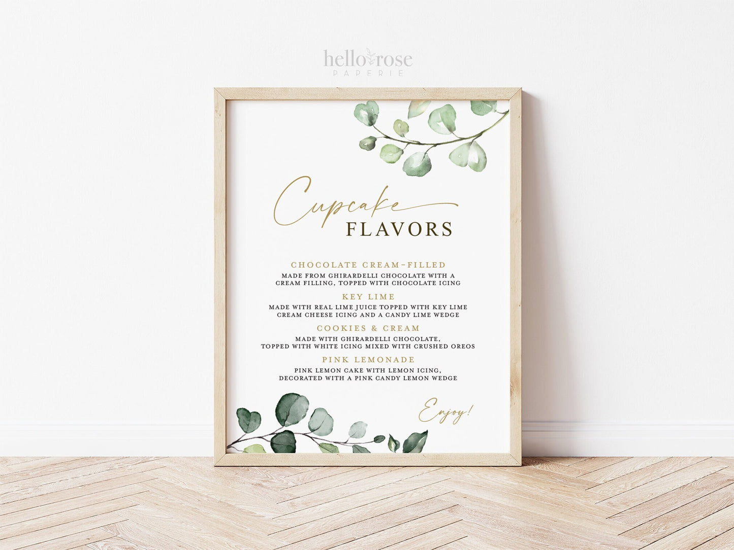 Cupcake Flavors Menu Personalized Printable Sign . Wedding Bridal Shower Engagement Party Rehearsal . Greenery + Gold . Digital Download G2