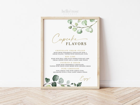 Cupcake Flavors Menu Personalized Printable Sign . Wedding Bridal Shower Engagement Party Rehearsal . Greenery + Gold . Digital Download G2