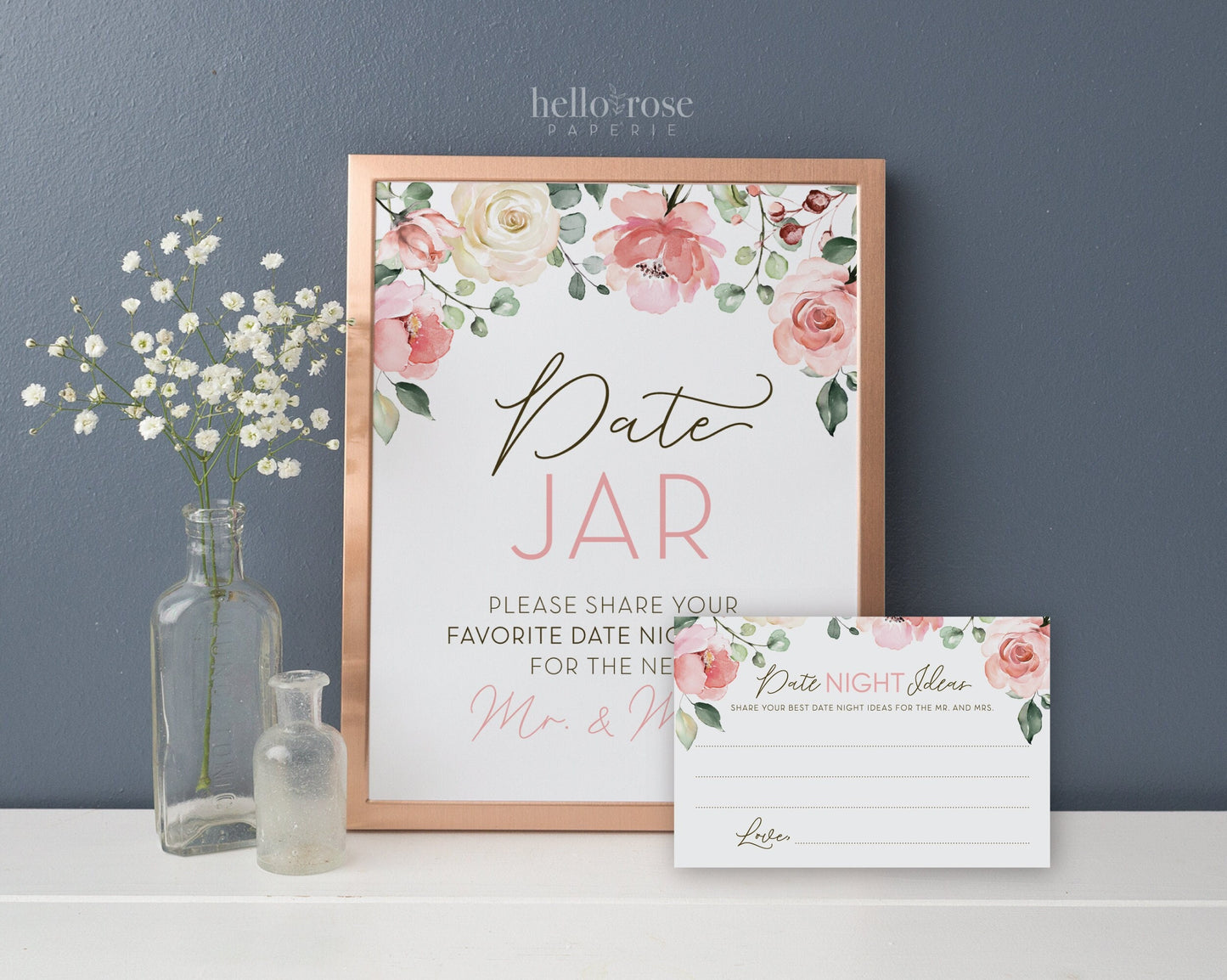 Date Night Ideas Jar Printable Sign + Cards 8x10 . Floral Watercolor . Bridal Shower Wedding Engagement Bachelorette Hens . Instant Download