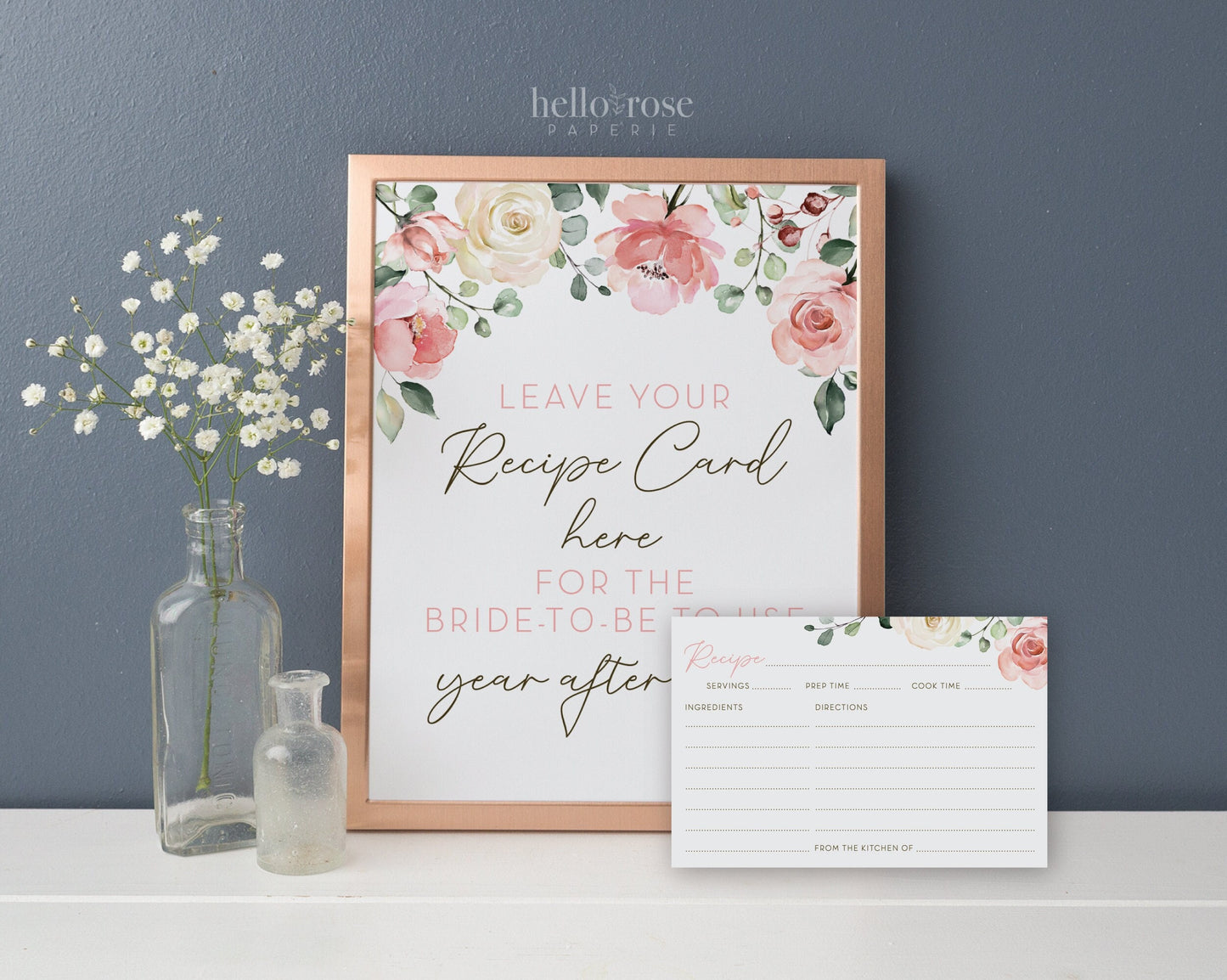 Leave Your Recipe Card Here Printable Sign + Cards. Floral Watercolor . Bridal Shower Wedding Bachelorette Hen Party . Instant Download 8x10