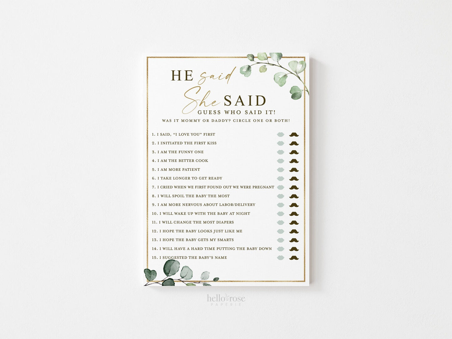 He Said She Said Printable Baby Shower Game . Guess Who Said It Mommy or Daddy . Greenery and Gold . Instant Download . G2
