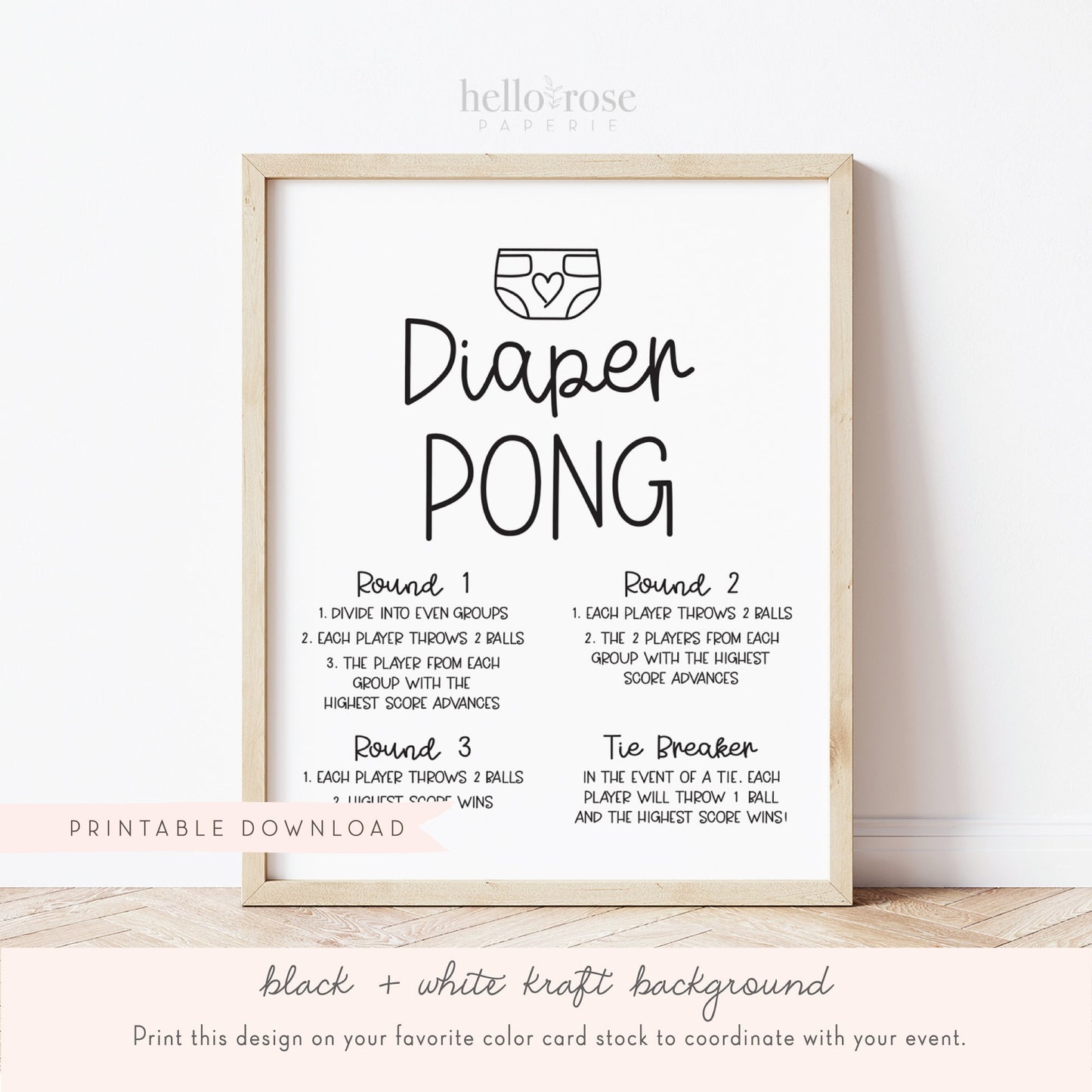 Diaper Pong Baby Shower Game Table Sign . Boy Girl Neutral . Rustic Kraft + Black & White . Printable 8x10 Instant Digital Download . K4