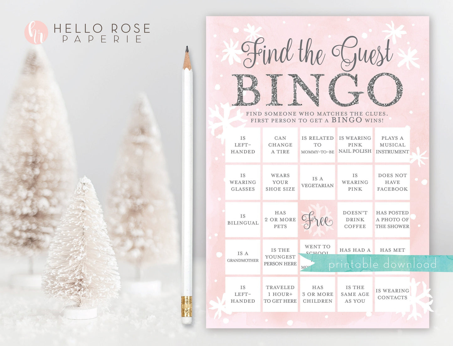 Find the Guest Bingo . Icebreaker Baby Shower Game Girl . Pink Silver . Winter Wonderland Baby its Cold Outside Snowflake . Instant Download