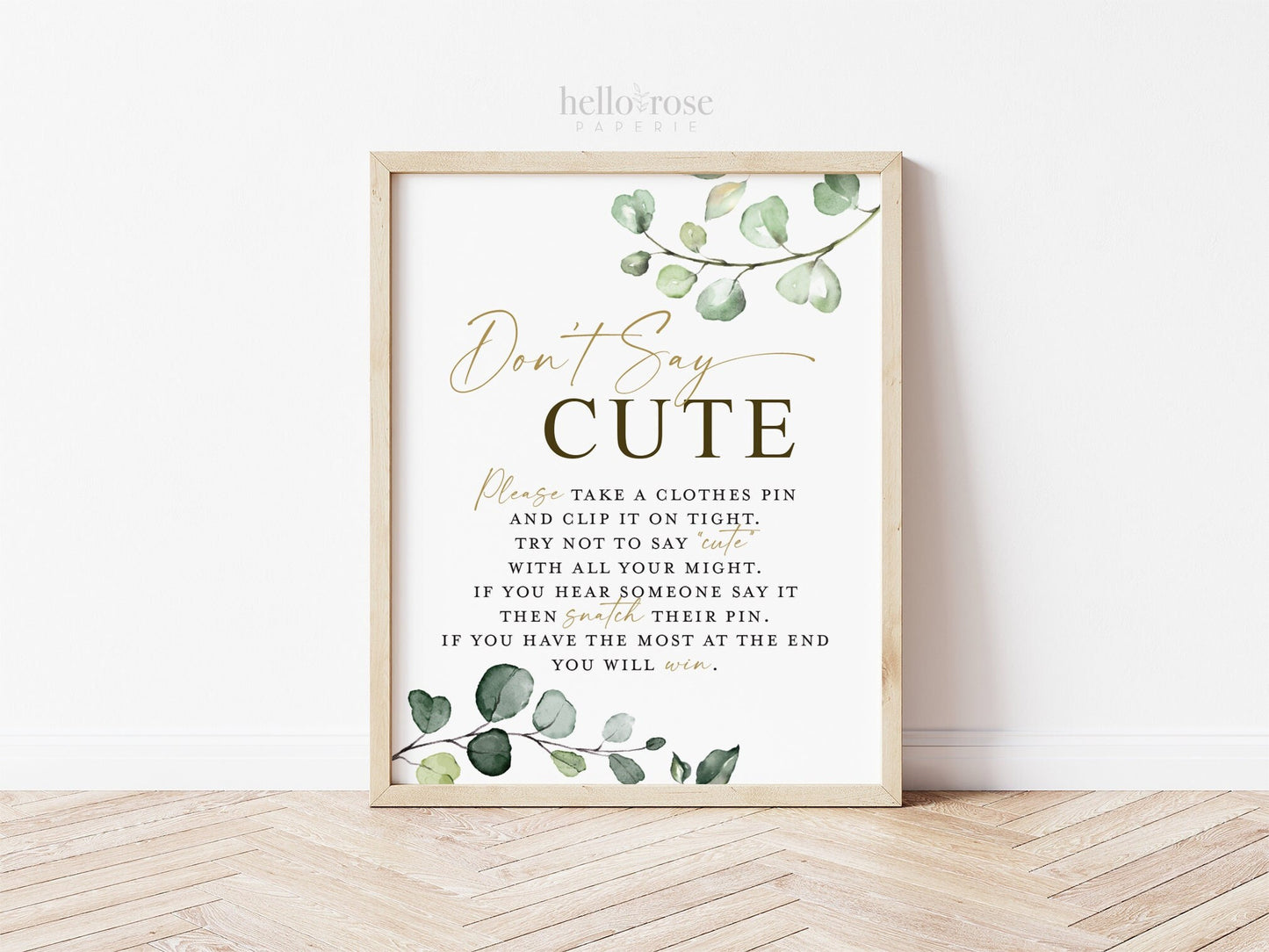 Don't Say Cute Clothespin Baby Shower Game Table Sign . Greenery and Gold . Baby Shower Printable Game . Instant Download 8x10 G2