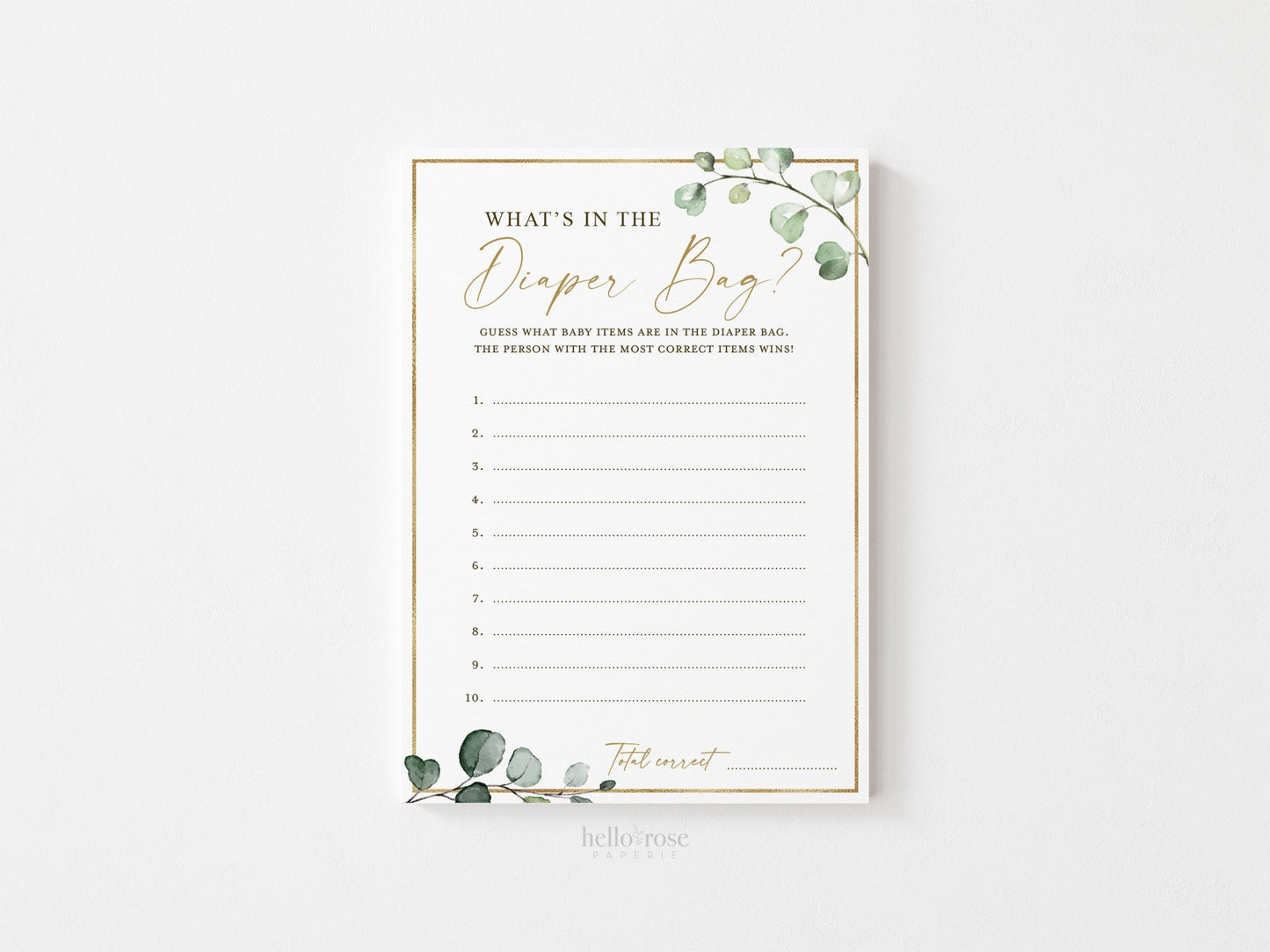What's In the Diaper Bag Baby Shower Printable Game . Guest What's in the Baby Bag . Greenery and Gold . Instant Download G2
