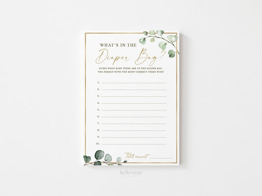 What's In the Diaper Bag Baby Shower Printable Game . Guest What's in the Baby Bag . Greenery and Gold . Instant Download G2