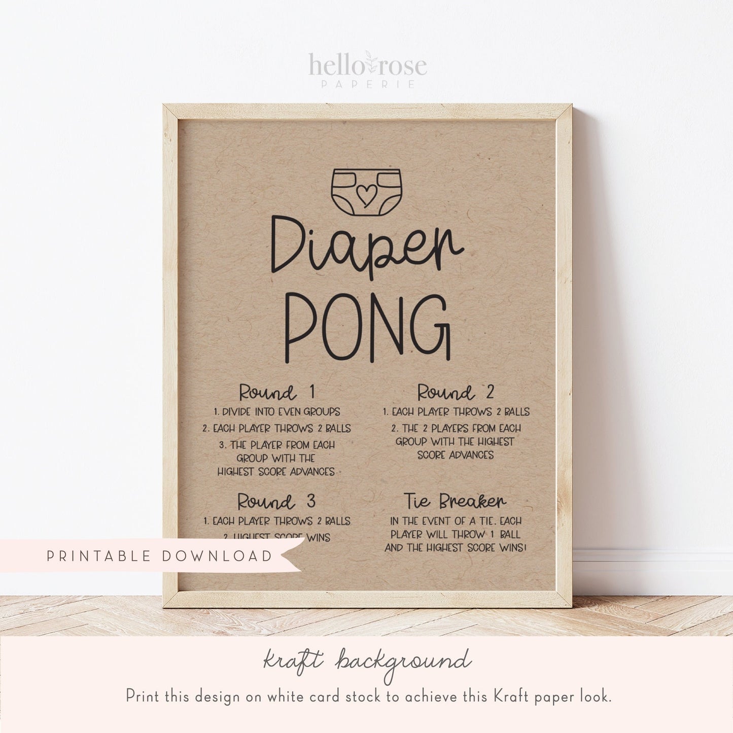 Diaper Pong Baby Shower Game Table Sign . Boy Girl Neutral . Rustic Kraft + Black & White . Printable 8x10 Instant Digital Download . K4