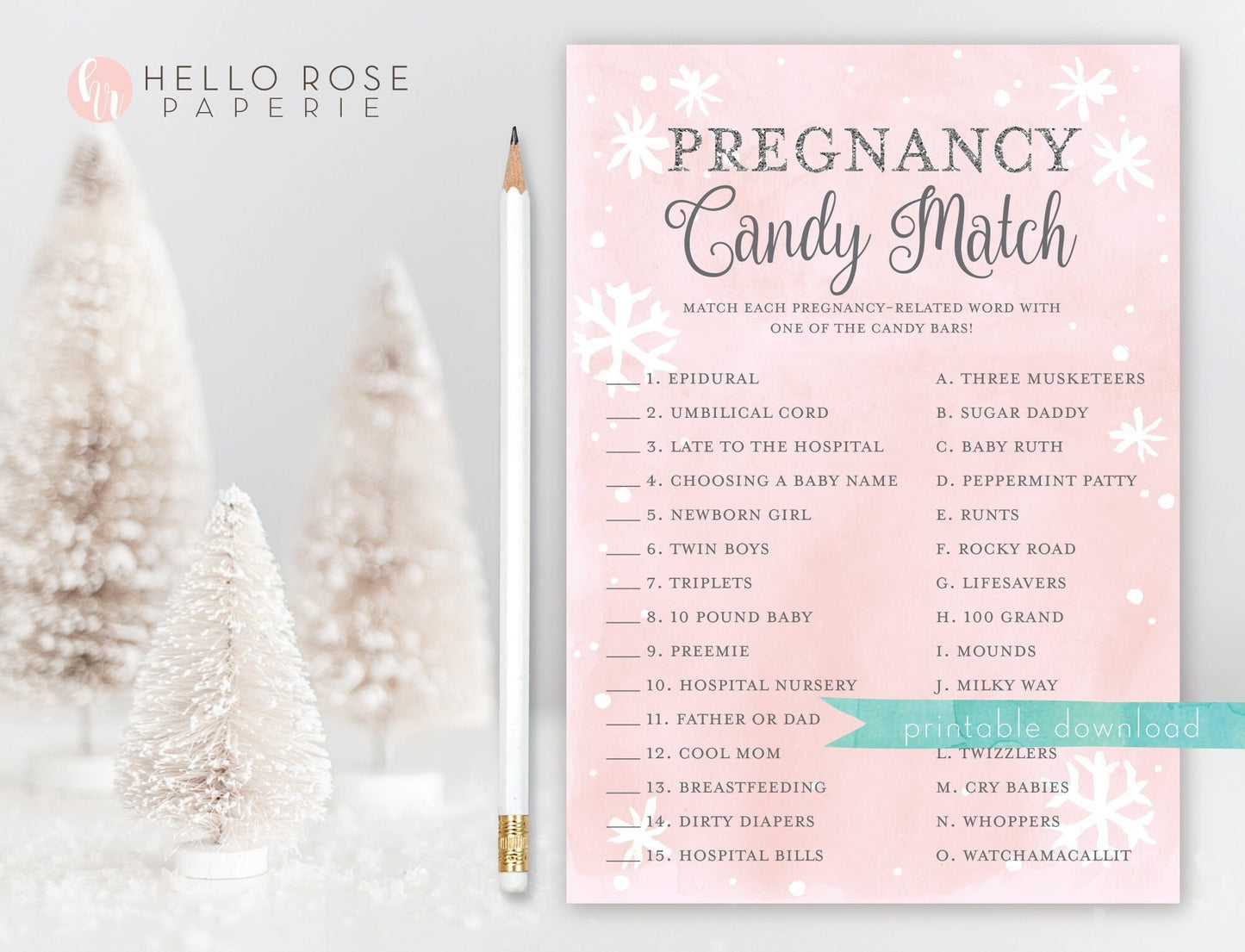 Pregnancy Candy Match . Baby Shower Game . Baby It's Cold Outside Girl . Pink Silver . Winter Snowflakes . Printable Instant Download