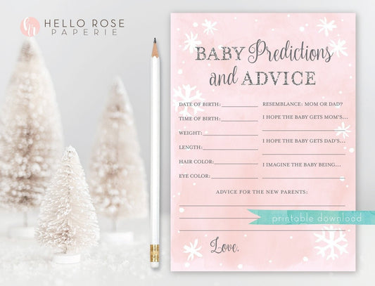 Baby Predictions and Advice Card . Winter Girl Baby Shower . Baby Advice Card . Pink and Silver . Printable Instant Download